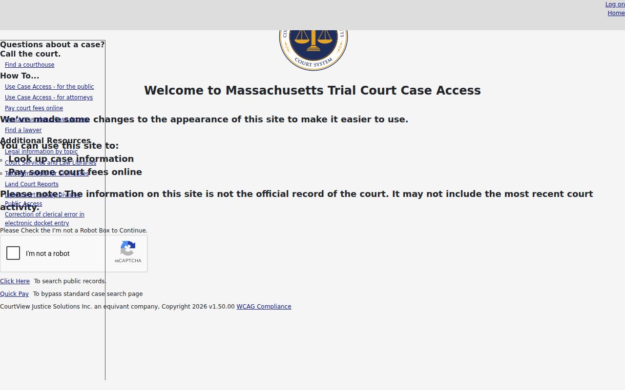 Marlborough resident lookup view of the MassCourts public case-search entry